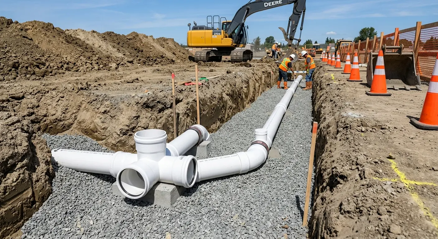 New PVC sewer pipe installation in open trench for Commercial Drain Cleaning in Evergreen Park