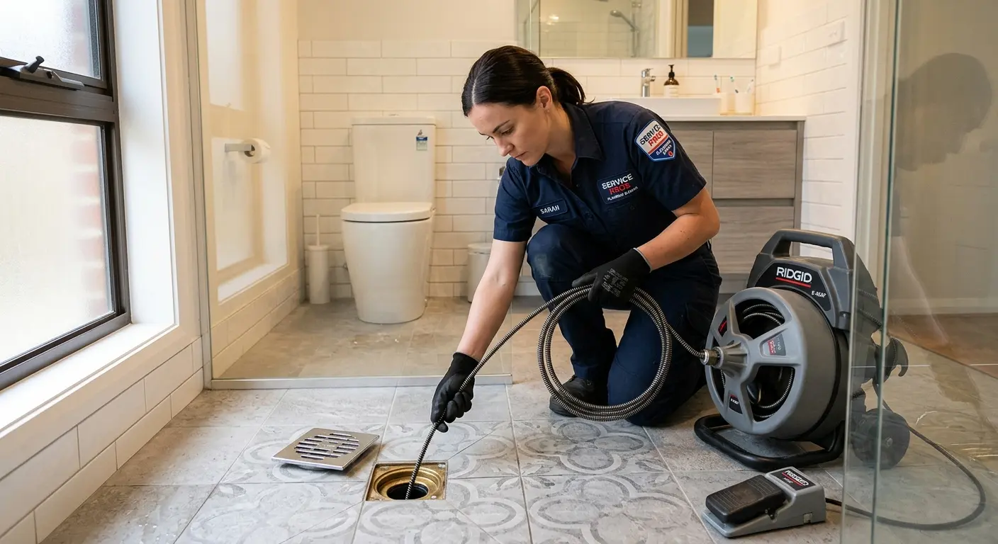 Technician clearing a bathroom floor drain for Hydro Jetting in Evergreen Park